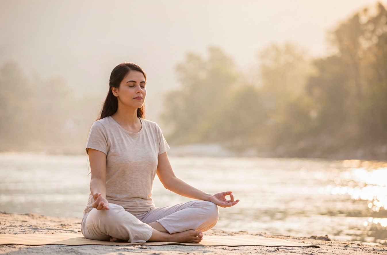 A woman sits in padmasana at the river’s edge at sunrise, eyes closed and hands resting open on her knees.