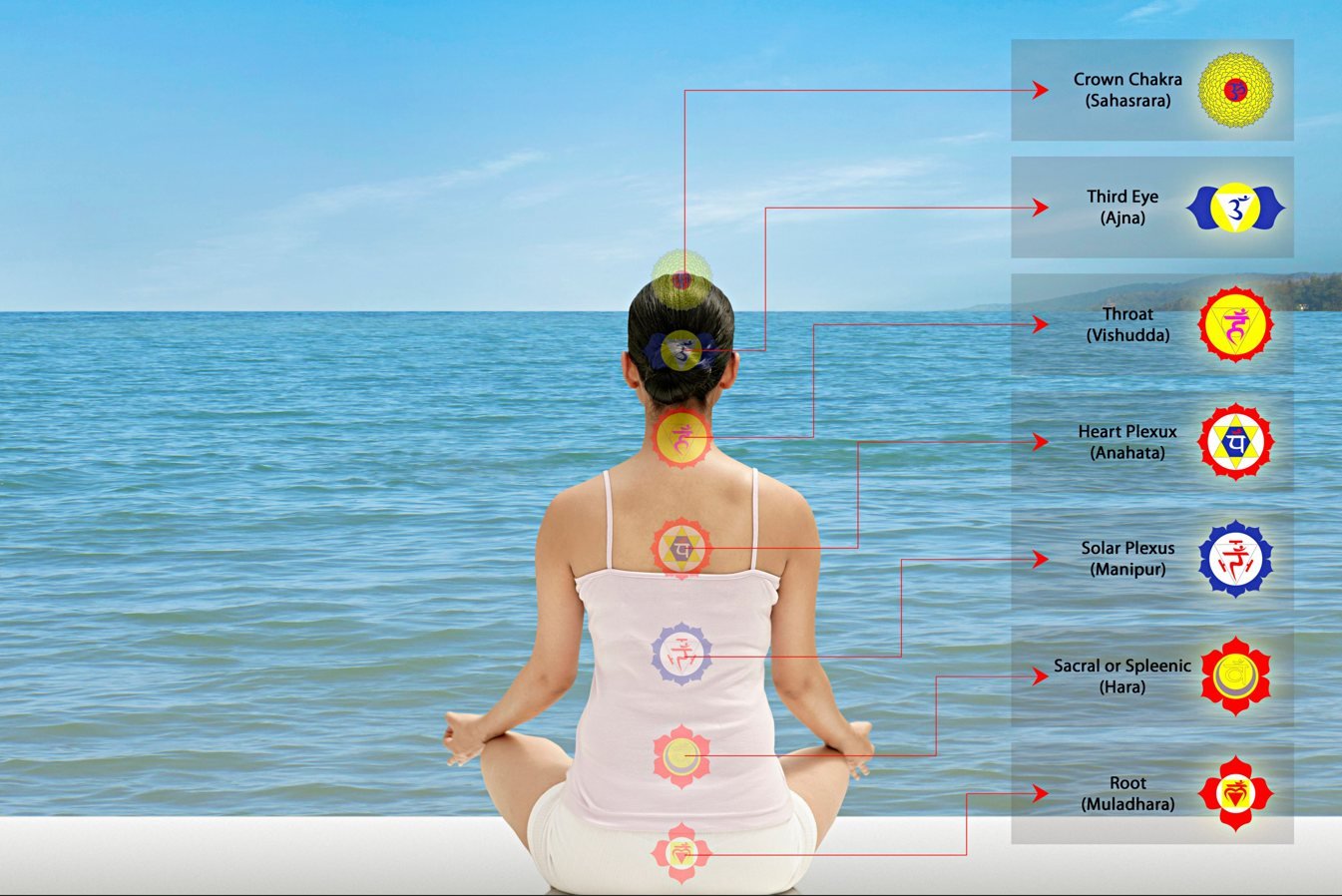 Diagram of the seven chakras mapped along the spine of a seated figure looking out to sea, from Muladhara at the base to Sahasrara at the crown.